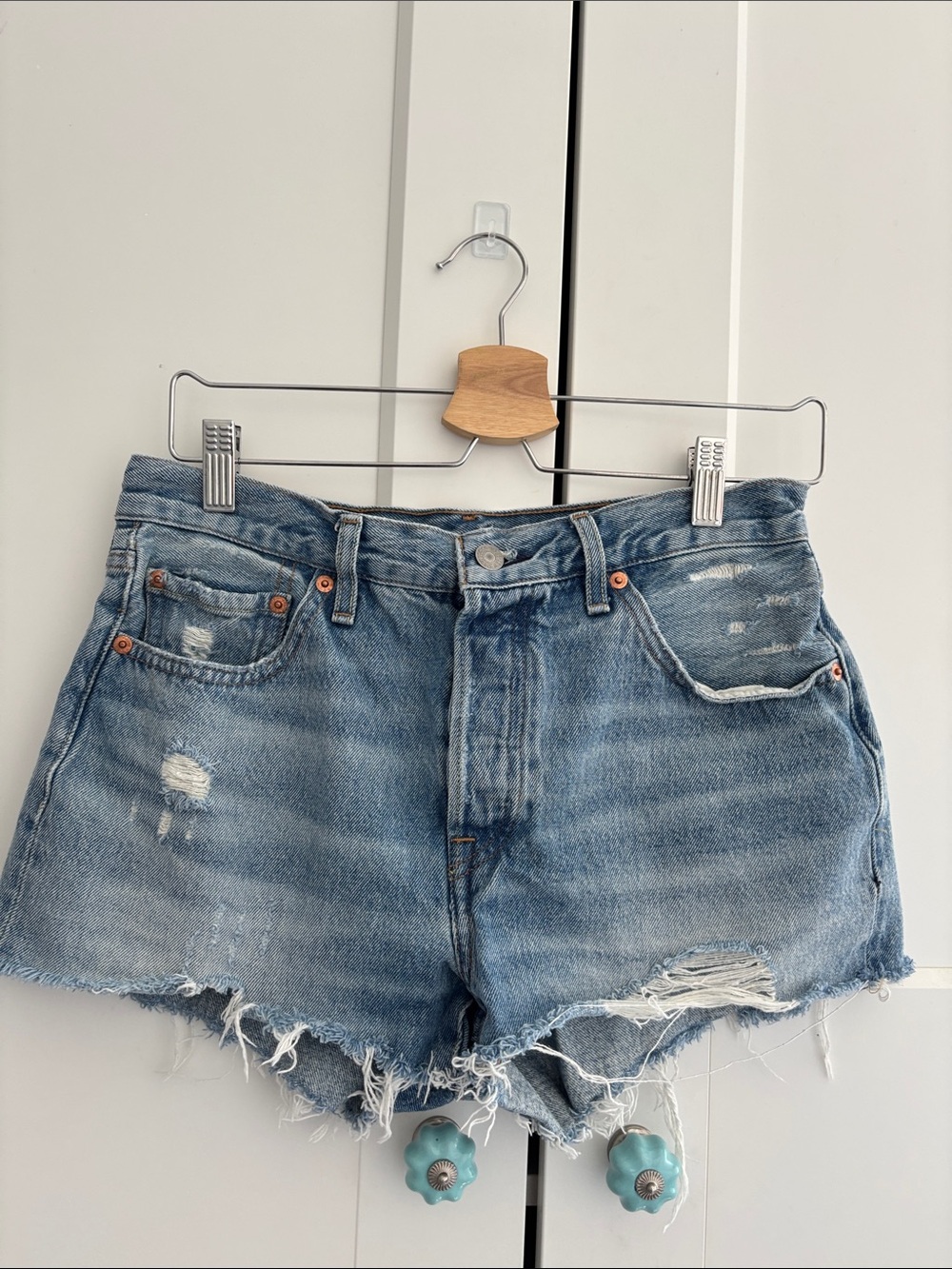 Levi's Light Blue Distressed Denim Cutoff Shorts - Picture 2 of 8